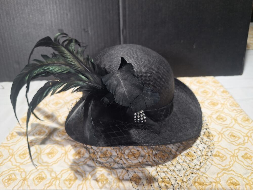 Vintage Miss Bierner Black Straw Hat Feather Veil Rhinestone Church Derby S/M